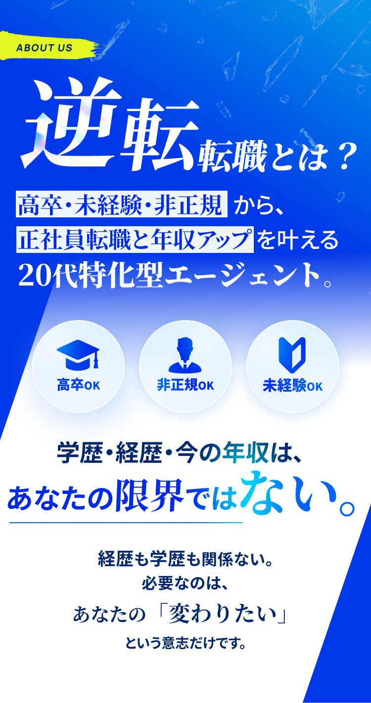 高卒・未経験・非正規から、正社員転職と年収アップを叶える20代特化型エージェント。学歴・経歴・今の年収は、あなたの限界ではない。必要なのは、あなたの「変わりたい」という意志だけです。